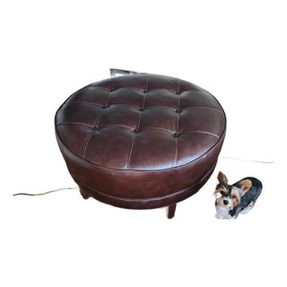 Ethan Allen Nassau 37" Round Leather Ottoman — Custom, Tufted, Excellent Condition For Sale