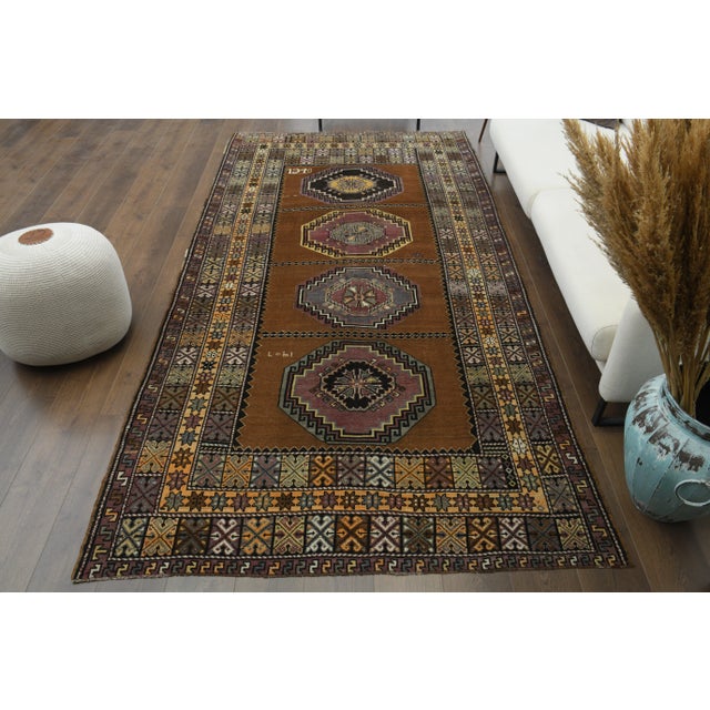 1970s Vintage Turkish Oushak Handmade Wool Cotton Brown Area Rug 