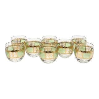 Vintage Culver Prado Roly Poly Glasses With Green and 22k Gold Details - 8 Pieces For Sale