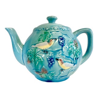 1920s Antique European Majolica Large Tea Pot With Birds and Grapevines, Zell Pottery. For Sale