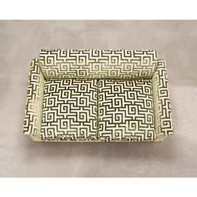 Late 20th Century 20th C. Art Deco Style Greek Key Velvet and Raffia Settee For Sale - Image 5 of 18