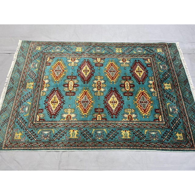 Art Deco Turquoise Kazak Wool Rug With Repeating Medallions, 3'11" X 5'10" For Sale - Image 3 of 15