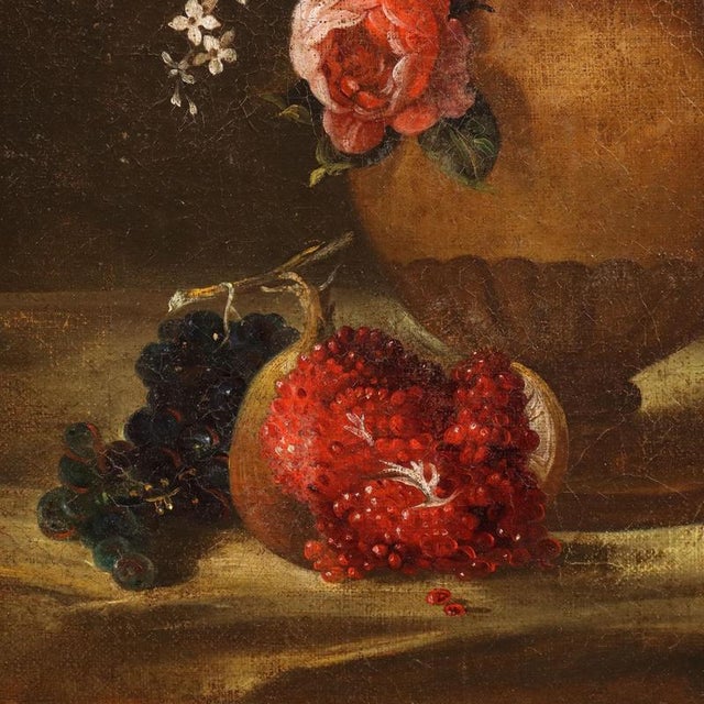Italian Artist, Still Life with Flowers and Fruit, 1700s, Oil on Canvas, Framed For Sale - Image 6 of 10