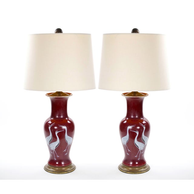 Pair of Mid-20th Century Burgundy Red Porcelain Chinoiserie Heron Table Lamps For Sale - Image 12 of 12