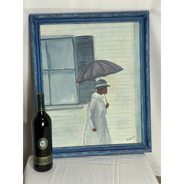 A charming vintage figurative painting on stretched canvas. Painting depicts a woman beneath an umbrella against a softly...