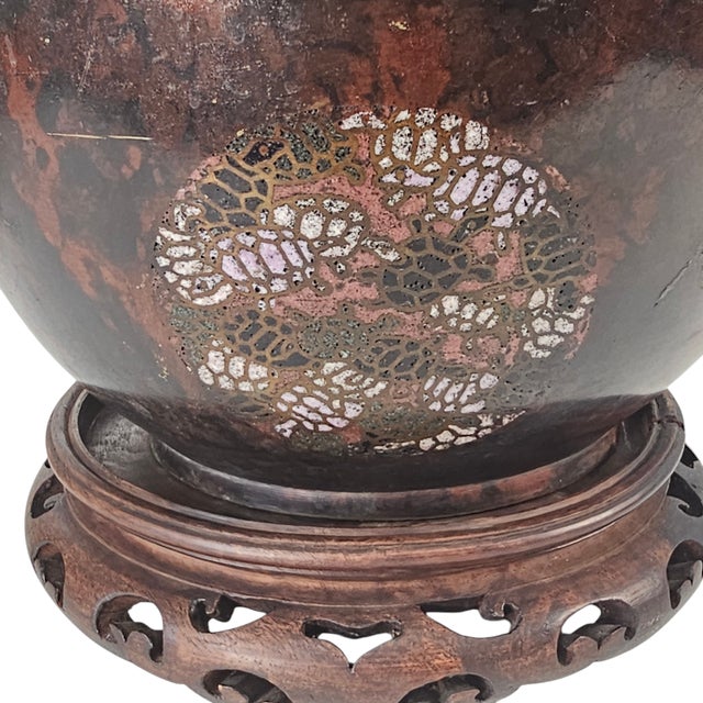 Late Meiji Japanese Patinated Champlevé Jardinière With Crane & Turtle Motifs 9.75" For Sale In San Francisco - Image 6 of 13