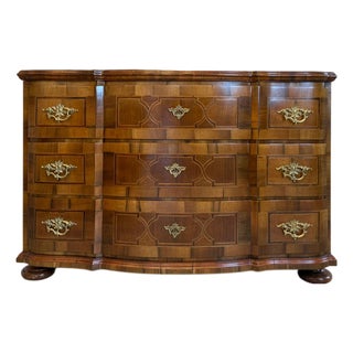 Baroque Chest of Drawers in Fruitwood Marquetry and Walnut For Sale