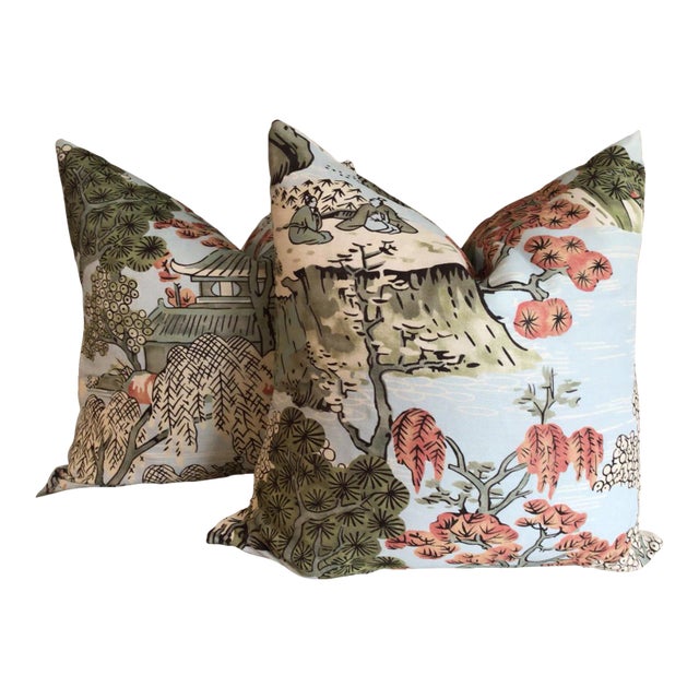 Thibaut “Asian Scenic” in Robin's Egg Pillows - a Pair For Sale