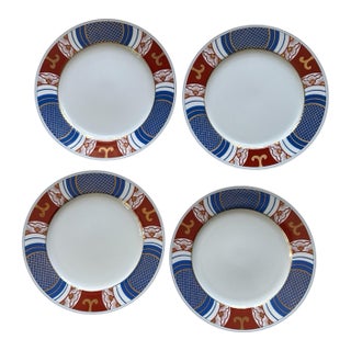 Vintage Fitz and Floyd 1975 Mishiki Plates 10 3/8 Inch Blue Oxblood Red Gold Vintage Japan - Set of 4 For Sale