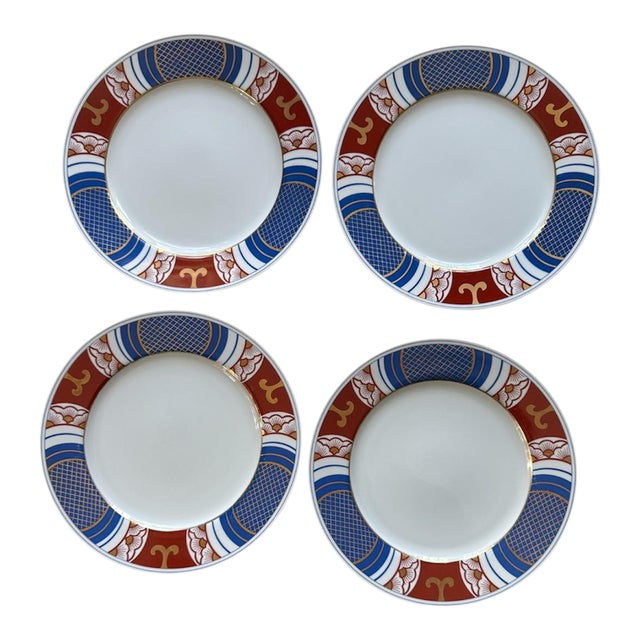 Vintage Fitz and Floyd 1975 Mishiki Plates 10 3/8 Inch Blue Oxblood Red Gold Vintage Japan - Set of 4 For Sale