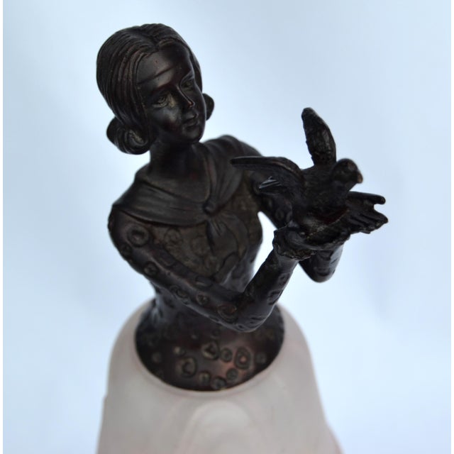 1970s 1970s Art Deco Bruno Zach Attributed Bronze Sculpture Female Dancer Table Lamp Art Glass Shade For Sale - Image 5 of 15