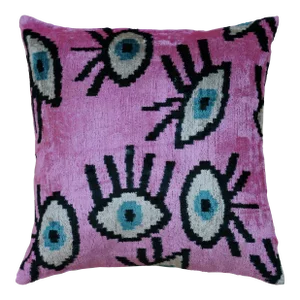 Contemporary Luxury Pink Handmade Silk Evil Eye Throw Pillow With Down Insert