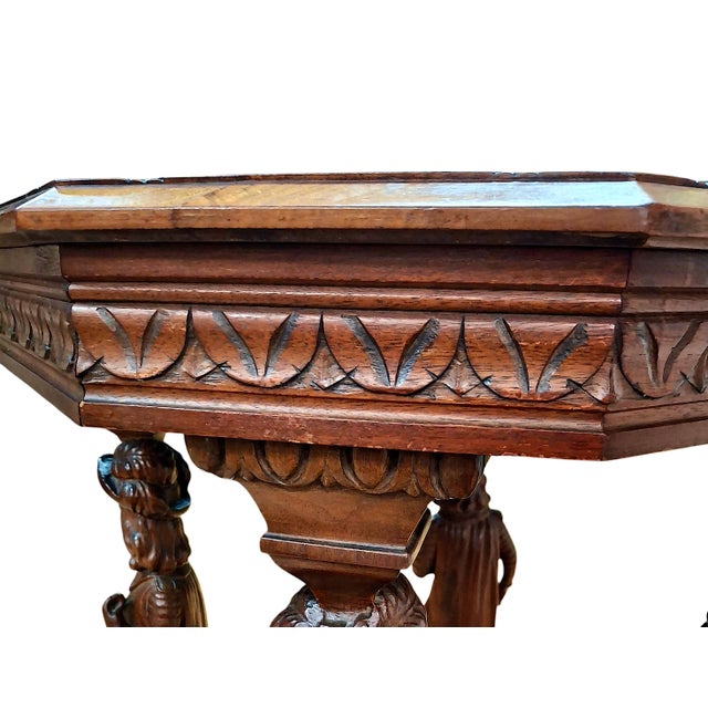 Chestnut Antique Renaissance Revival Octagon Oak Side Table Atop Four Musketeers For Sale - Image 8 of 11