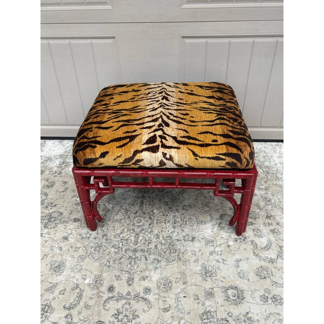 Red 1970s Vintage Chinoiserie Red Ottoman With Tiger Fabric Upholstery For Sale - Image 8 of 12