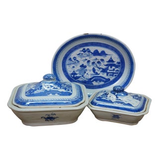 Antique Chinese Export Canton Blue White Serving Platter & Vegetable Tureens For Sale