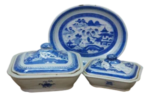 Antique Chinese Export Canton Blue White Serving Platter & Vegetable Tureens