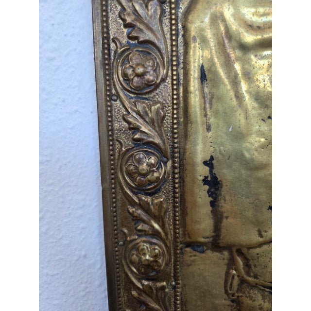 Wood Antique Hammered Brass Dutch Golden Era Motif Wall Plaque For Sale - Image 7 of 10