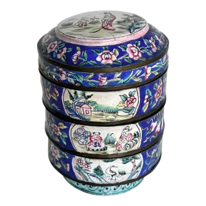 Antique Chinese Cloisonné Enamel Stacking Box – Qing Dynasty Influence, Three-Part Jar and Cover, Blue