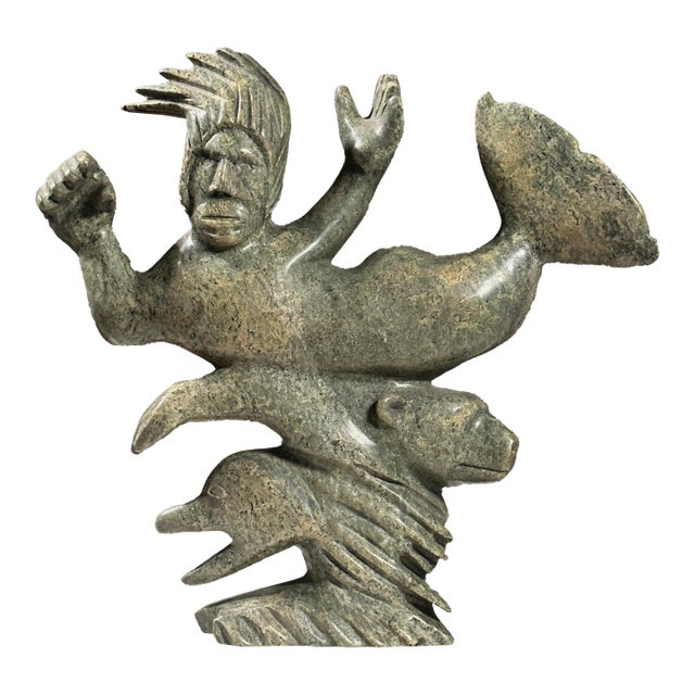 Vintage Hand Carved Inuit Folk Art Soapstone Sculpture of Sedna, Stamped For Sale
