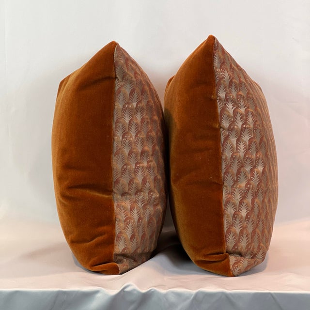 Handcrafted exquisite 20” pillow in Mariano Fortuny “Piumette” copper and gold fabric. Copper color mohair on back. Hidden...
