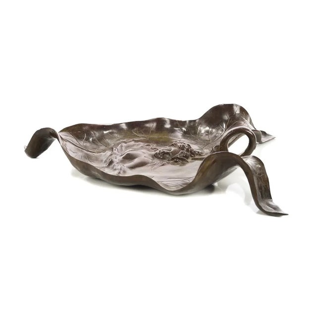 Art Nouveau Leaf Bronze Tray Sculpture With Nude Maiden Bust For Sale - Image 5 of 9