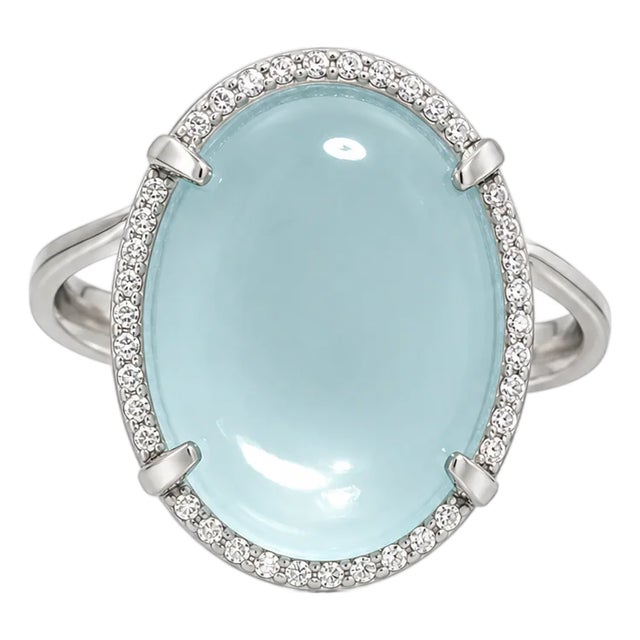 14K White Gold Aquamarine Cabochon Diamond Cocktail Ring Estate For Sale