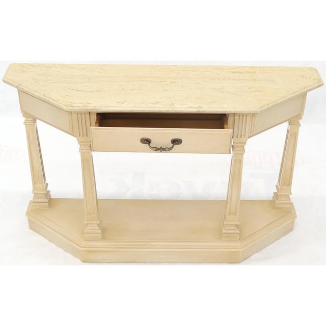 White Wash Finish One Drawer Wrap Around Shape Marble Top Console For Sale - Image 9 of 13