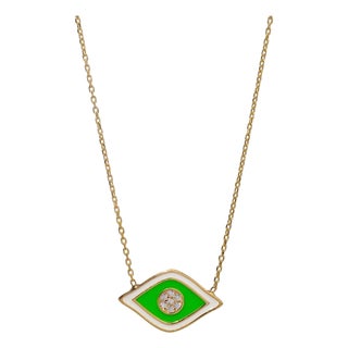 Vivid Green Enamel Evil Eye Pendant Gold & Diamond Necklace For Sale