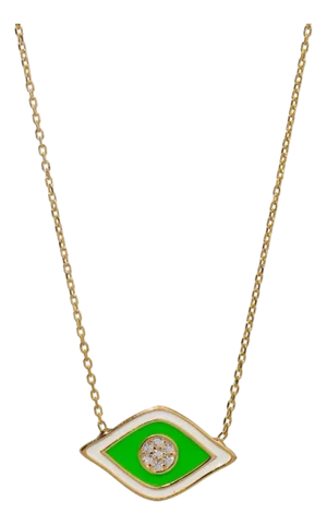Vivid Green Enamel Evil Eye Pendant Gold & Diamond Necklace