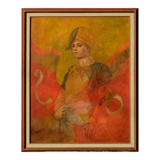 Mid Century Oil Paint Picasso Style Figurative -- Harlequin Prince by Robert Moesle For Sale