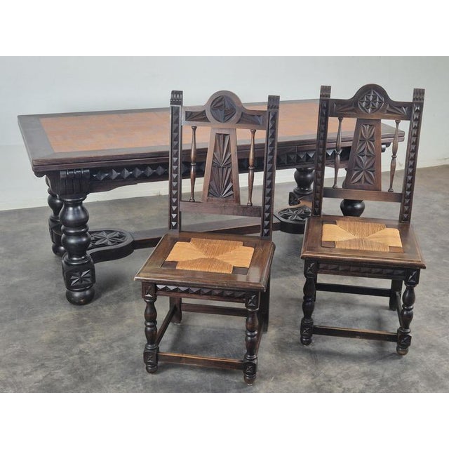 Breton Extendable Table in Carved Oak with Parquet Top For Sale - Image 6 of 14