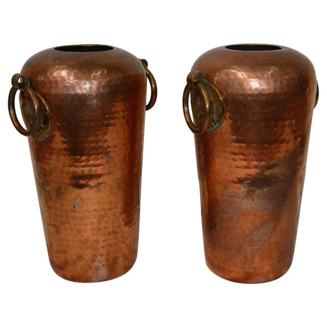 Copper Pair of Hammered Copper Vases With Egyptian Details For Sale - Image 8 of 8
