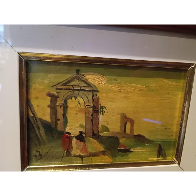 This is a luminous oil-on-copper painting depicting an atmospheric Italian coastal ruin scene, likely inspired by the...