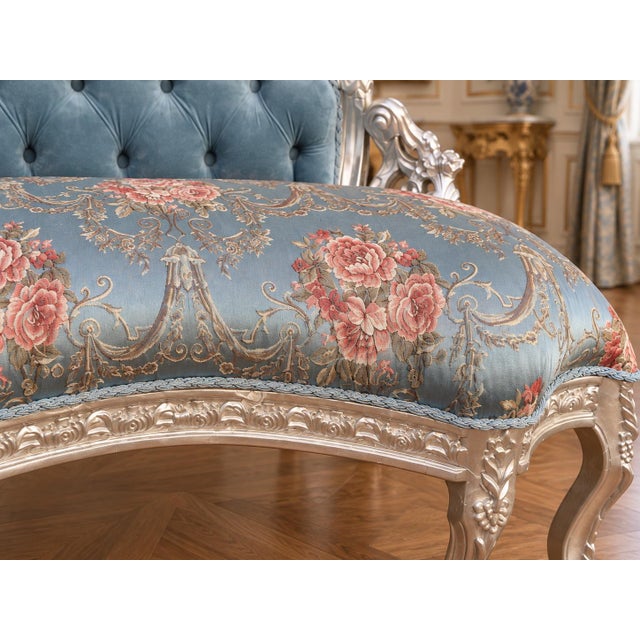 1970s French Artisan Louis XVI Silver Blue Settee For Sale - Image 12 of 18