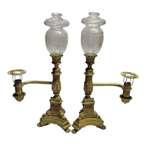 Antique J & I Cox Gilt Bronze and Brass Argand Lamps - a Pair