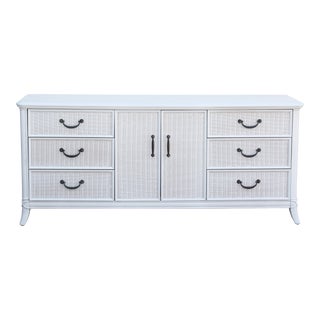 1970's White Wicker and Walnut Dresser of Nine Drawers For Sale