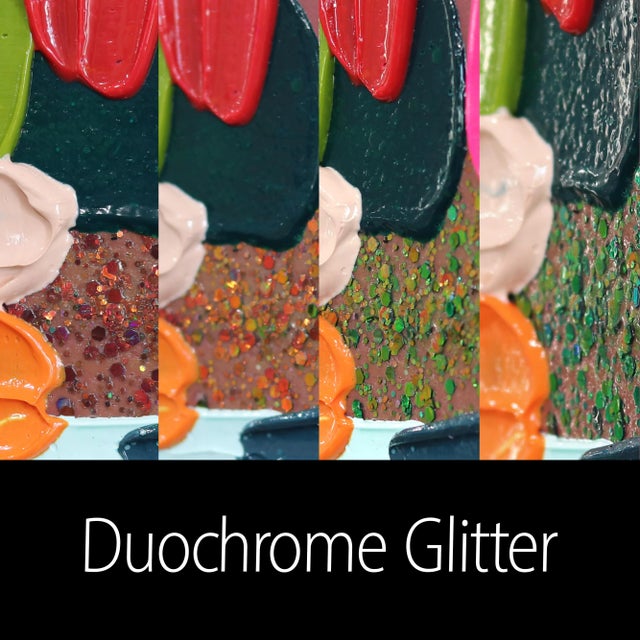 Warm Greens - Impasto Inspired Colorful Thick Paint and Glitter Abstract Original Artwork by Shiri Phillips For Sale In Los Angeles - Image 6 of 10