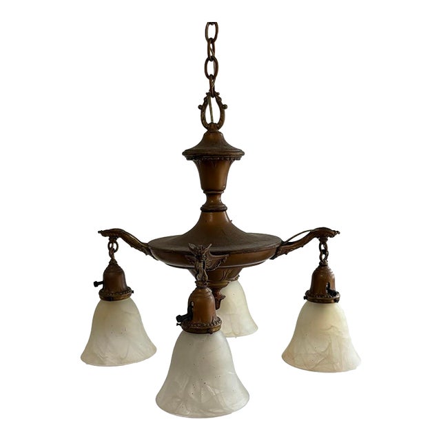 Early 20th-Century Brass 4-Globe Chandelier For Sale