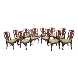 Vintage Queen Anne Style Carved Mahogany Dining Chairs - Set of 12 For Sale