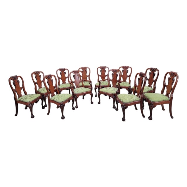 Vintage Queen Anne Style Carved Mahogany Dining Chairs - Set of 12 For Sale