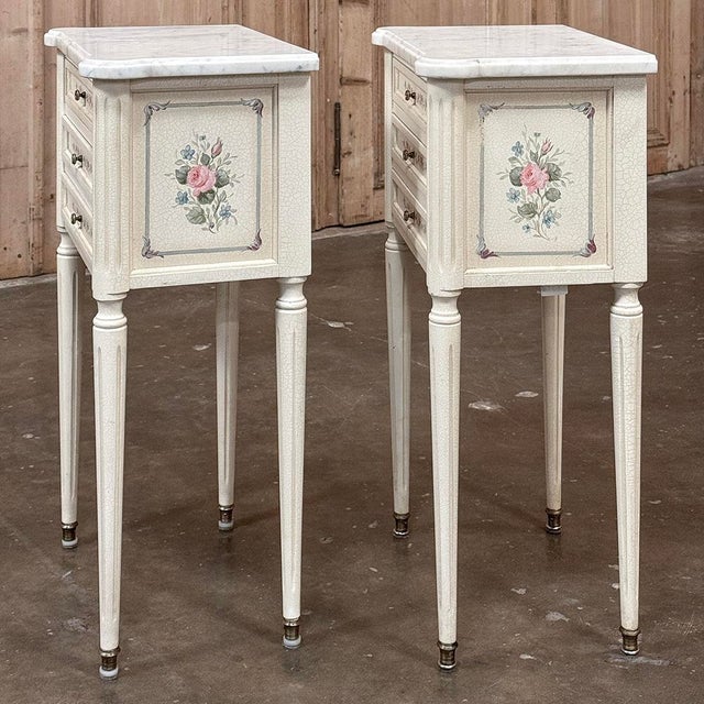 Late 20th Century Pair French Louis XVI Painted Side Tables ~ Nightstands With Carrara Marble For Sale - Image 13 of 18