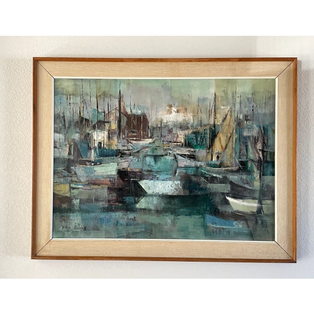A quintessential, mid century painting by renowned artist Jean Kalisch. The stylized harbor scene is depicted in signature...