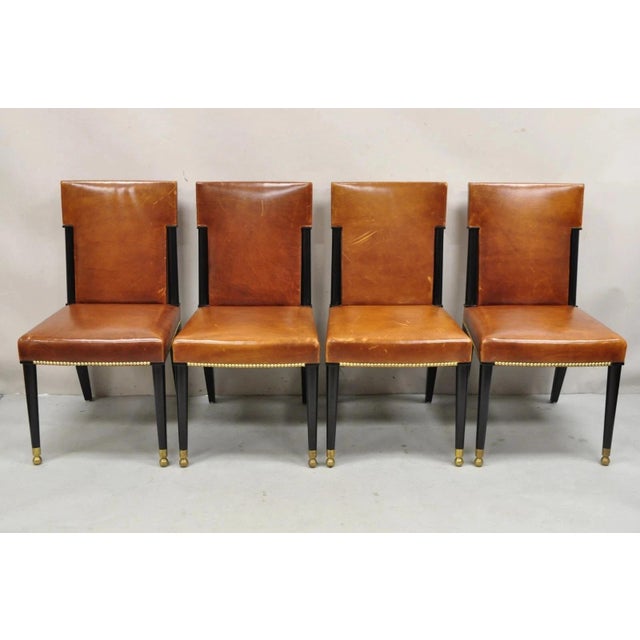 Late 20th Century French Art Deco Style Brown Leather Ebonized Frame Dining Chairs - Set of 8 For Sale - Image 9 of 18