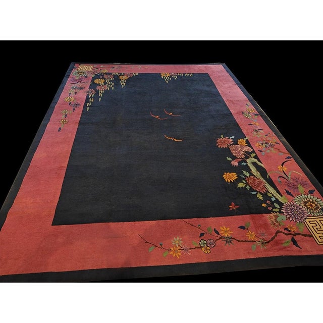 Art Deco 1920s Blue Navy Open Field Floral Antique Chinese Art Deco Carpet 9x11'8 Rug For Sale - Image 3 of 8
