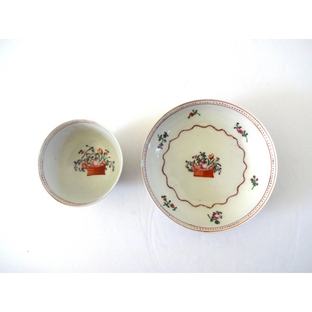 18th Century Antique 18th Century Chinese Export Porcelain Famille Rose Flower Basket Teacup and Saucer For Sale - Image 5 of 11