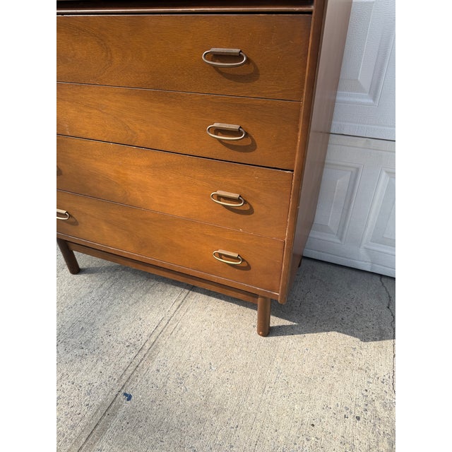 Wood Mid Century Modern Walnut Highboy Dresser With Sculptural Brass Ring Pulls For Sale - Image 7 of 12