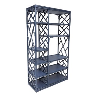 Vintage Turtle and Crane Bespoke Rattan Lapis Trellis Etagère | Hollywood Regency Chippendale Bookcase For Sale
