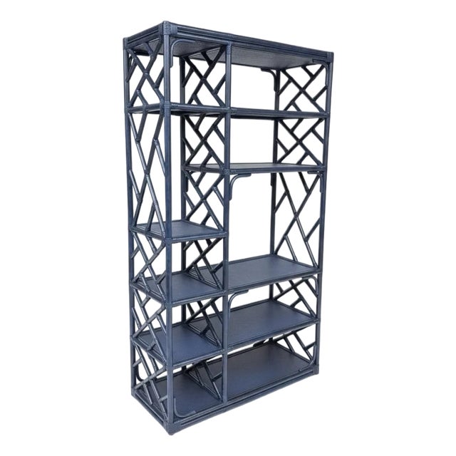 Vintage Turtle and Crane Bespoke Rattan Lapis Trellis Etagère | Hollywood Regency Chippendale Bookcase For Sale