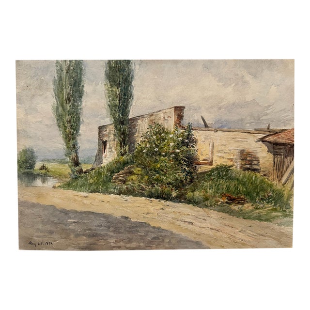 Attributed to Frank Henry Mason Dated 1890 Rural Farm Landscape Watercolor For Sale