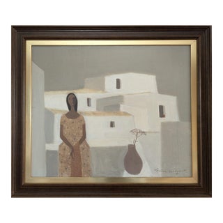 Mid-Century Modern "By the Balcony Ledge" Vintage Swedish Figurative Oil Painting by Fabian Lundqvist, Framed For Sale